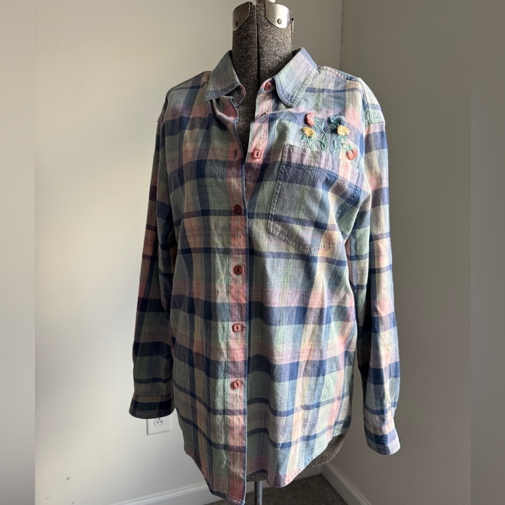 Plaid button down shirt with floral detail size S